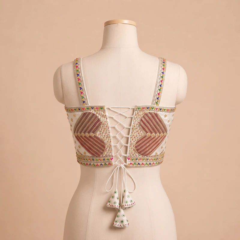 White Beads Work Silk Corset Navratri Blouse — view 2