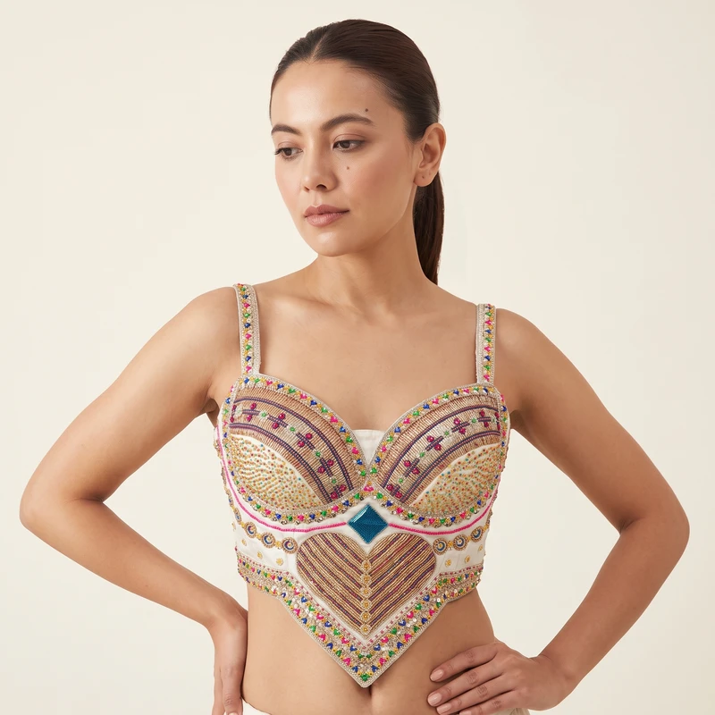 Green Beads Work Silk Corset Navratri Blouse — view 2