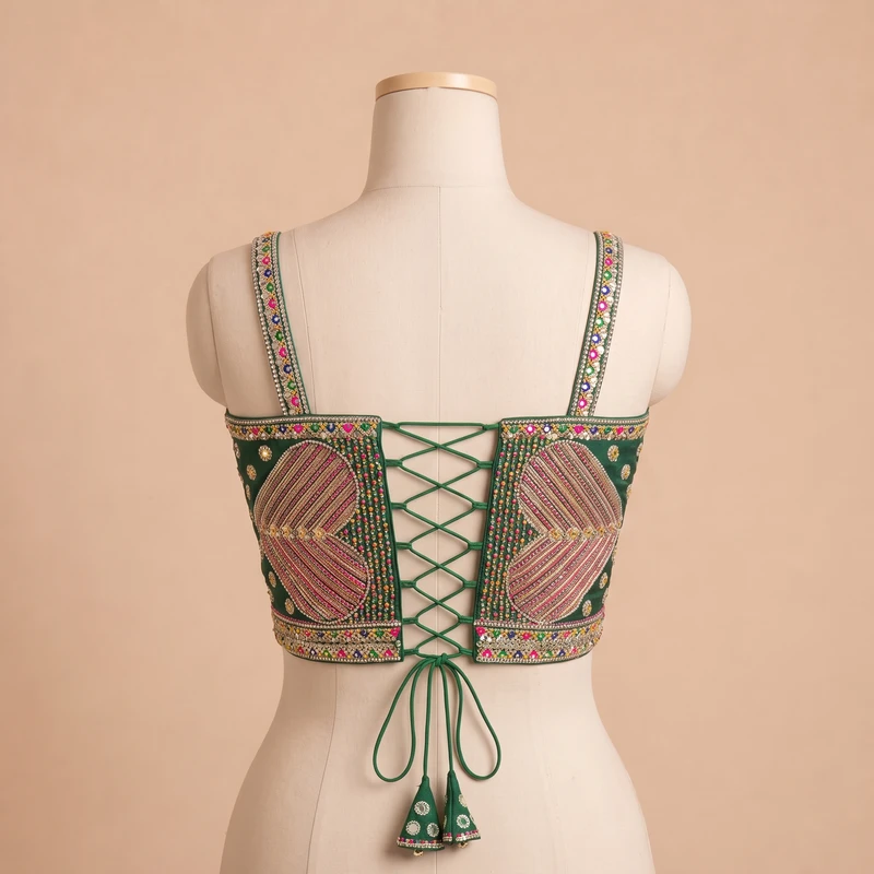 Green Beads Work Silk Corset Navratri Blouse — view 3