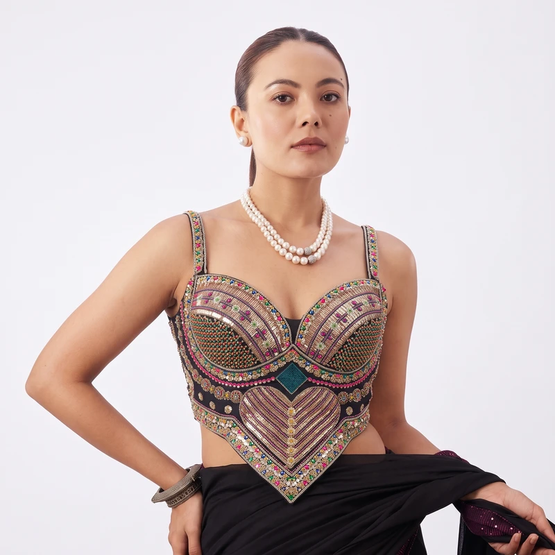 Green Beads Work Silk Corset Navratri Blouse