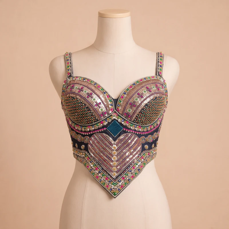 Green Beads Work Silk Corset Navratri Blouse — view 2