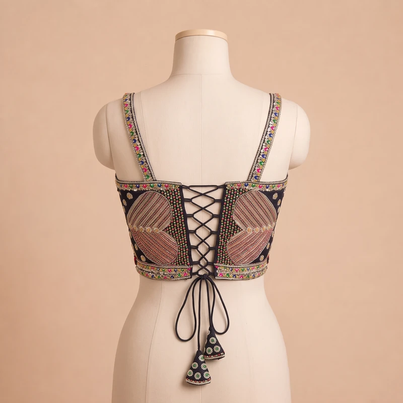 Green Beads Work Silk Corset Navratri Blouse — view 3