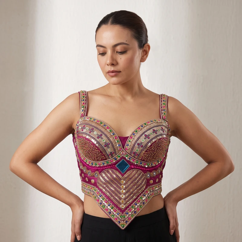 Magenta Beads Work Silk Corset Navratri Blouse