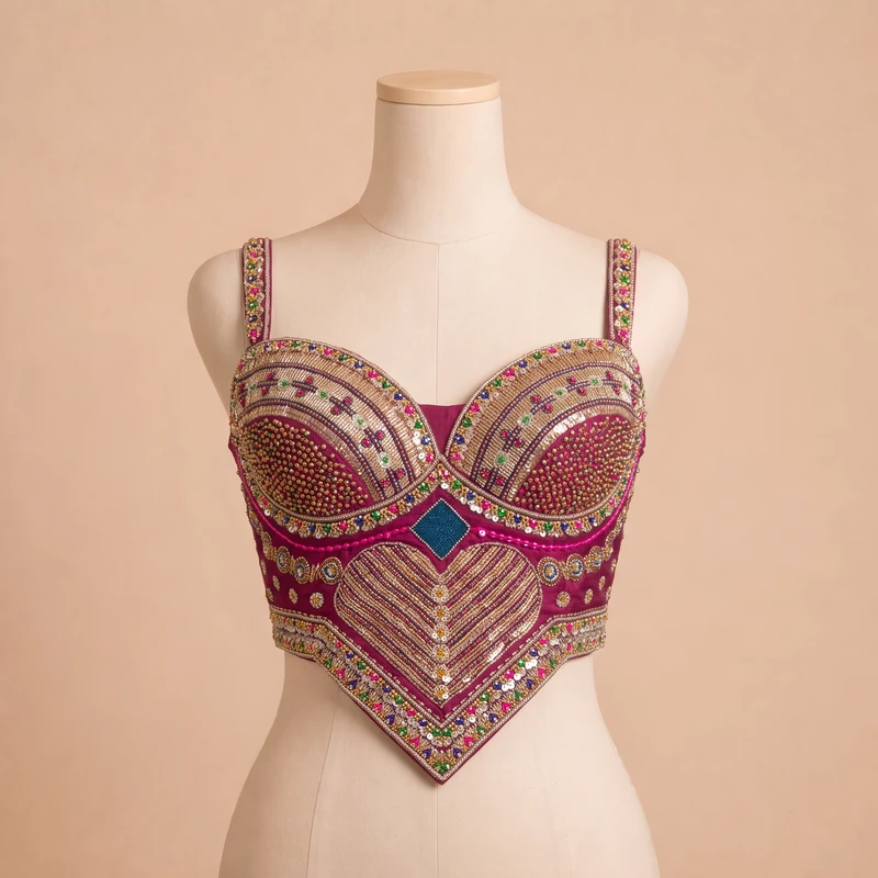Magenta Beads Work Silk Corset Navratri Blouse — view 2