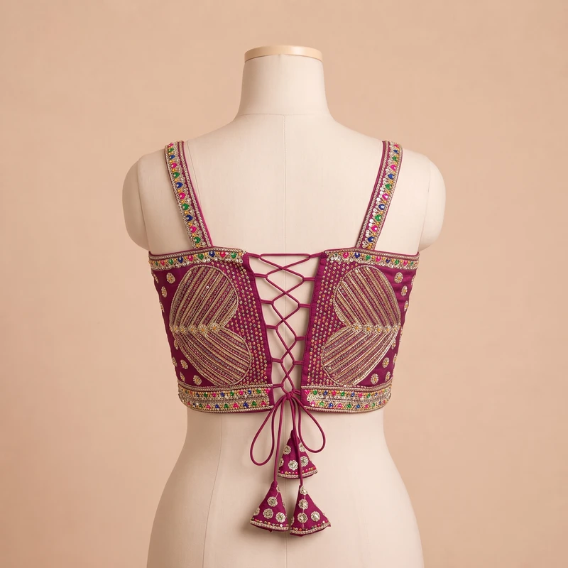 Magenta Beads Work Silk Corset Navratri Blouse — view 3