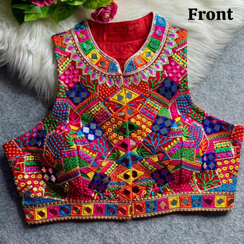 Red Navratri Special Shrinathji Halter Neck Multicolor Real Mirror Work Blouse — view 2