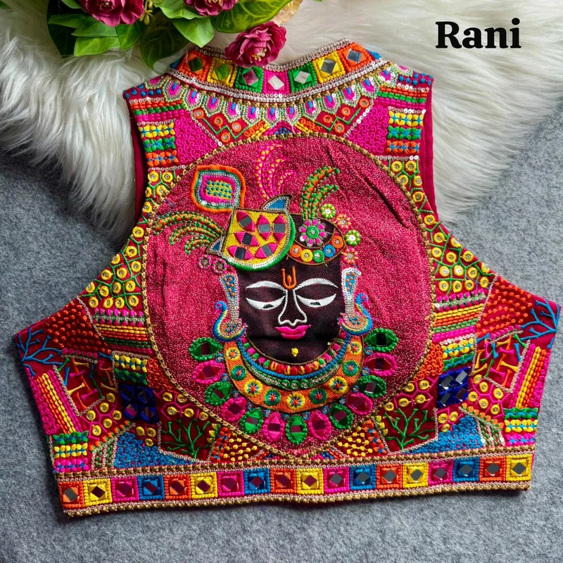 Rani Navratri Special Shrinathji Halter Neck Multicolor Real Mirror Work Blouse