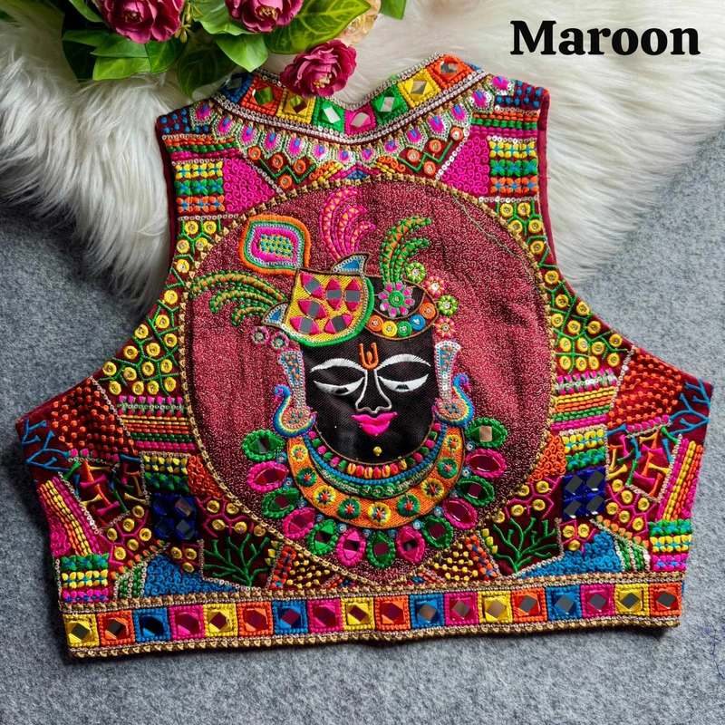 Maroon Navratri Special Shrinathji Halter Neck Multicolor Real Mirror Work Blouse