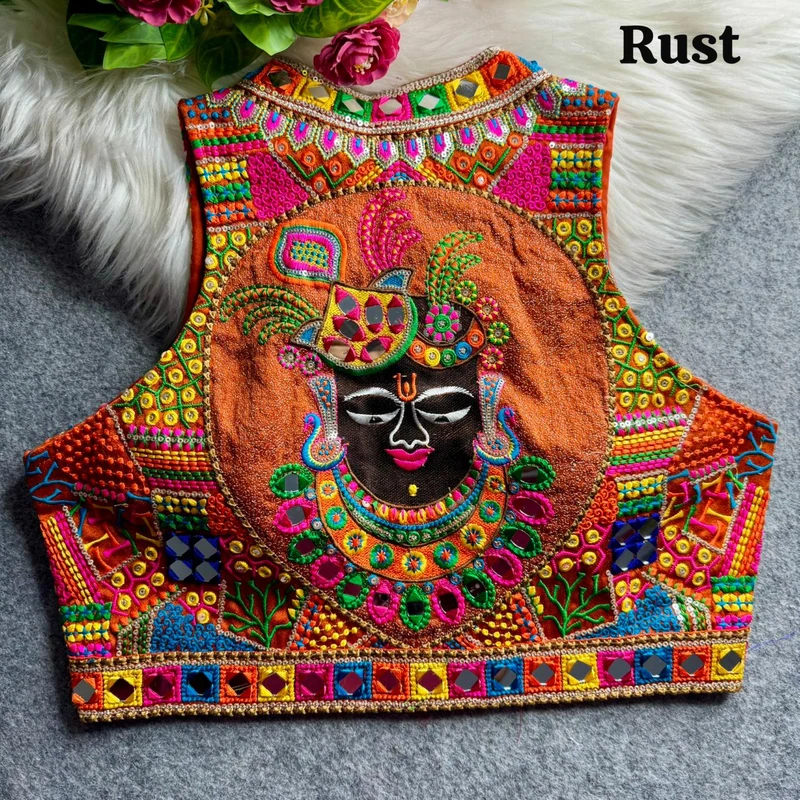 Rust Navratri Special Shrinathji Halter Neck Multicolor Real Mirror Work Blouse