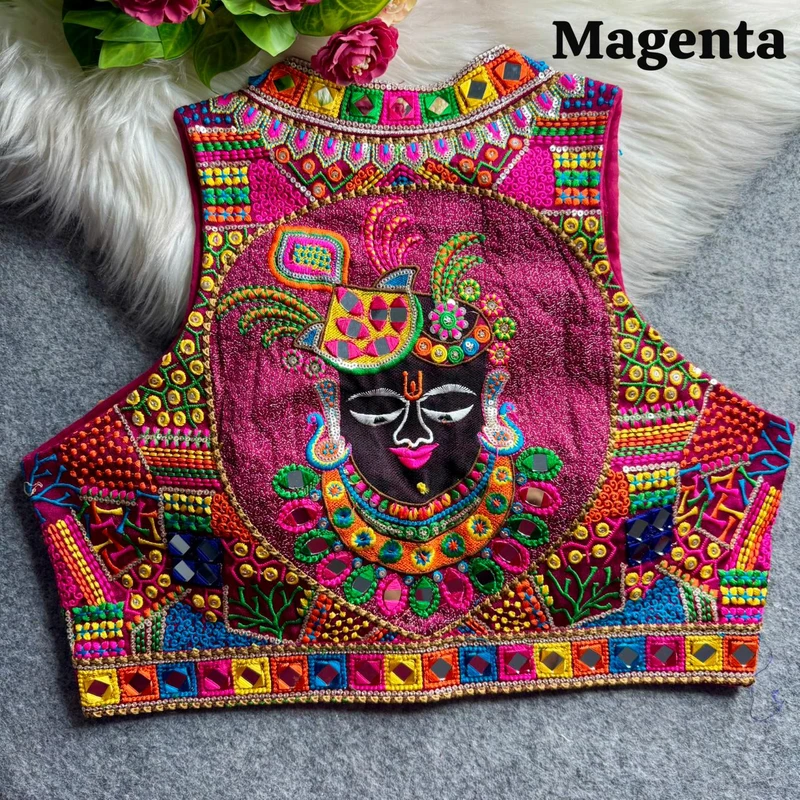 Magenta Navratri Special Shrinathji Halter Neck Multicolor Real Mirror Work Blouse