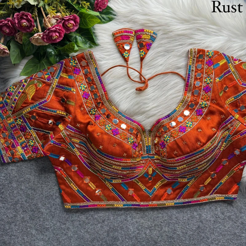 Rust Navratri Parrot Work Blouse with Heavy Beads, Thread Embroidery & Real Mirror Work