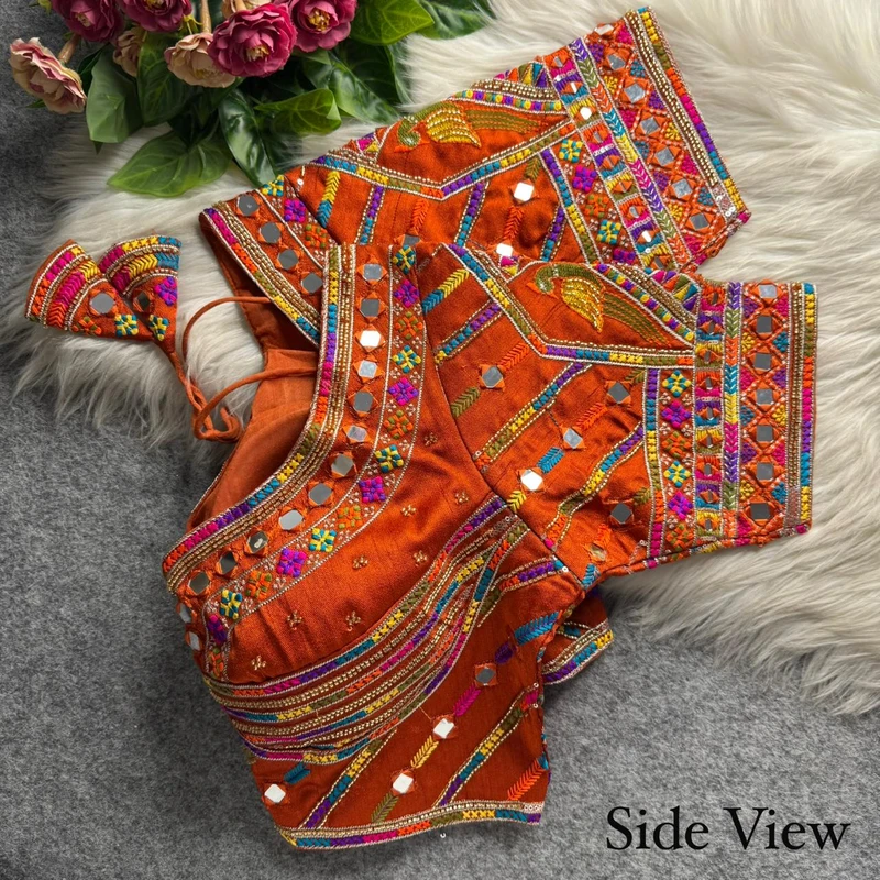 Rust Navratri Parrot Work Blouse with Heavy Beads, Thread Embroidery & Real Mirror Work — view 2