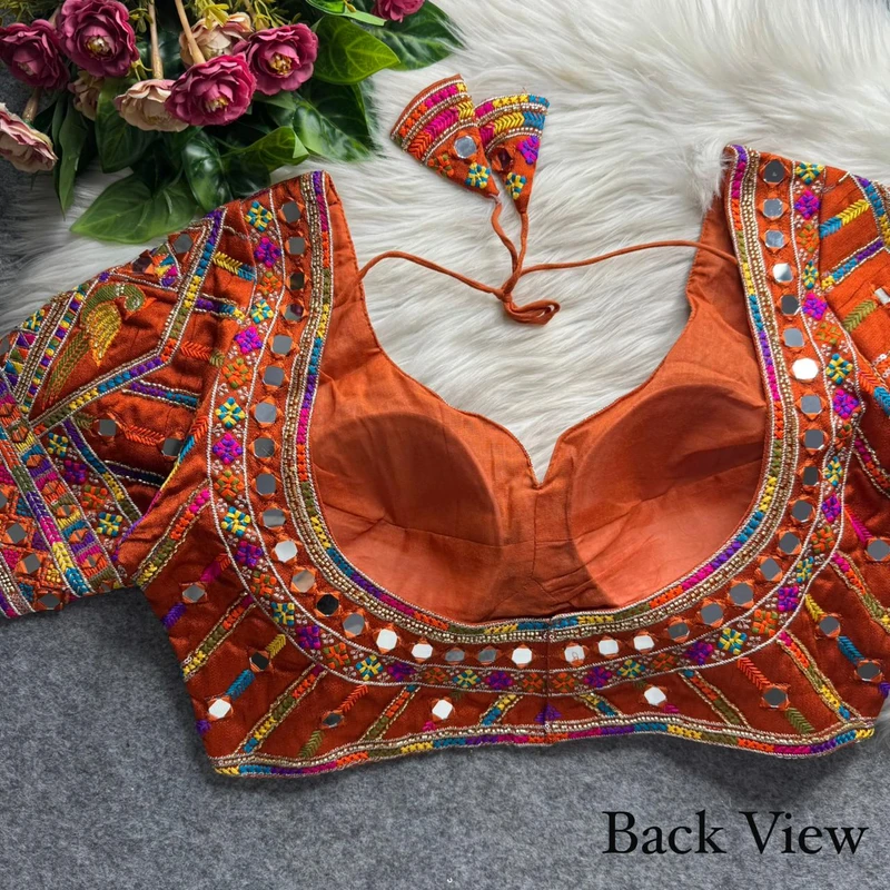 Rust Navratri Parrot Work Blouse with Heavy Beads, Thread Embroidery & Real Mirror Work — view 3