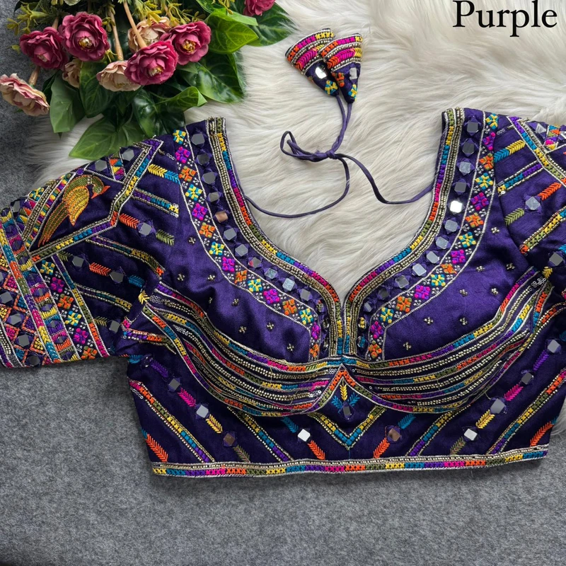 Purple Navratri Parrot Work Blouse with Heavy Beads, Thread Embroidery & Real Mirror Work