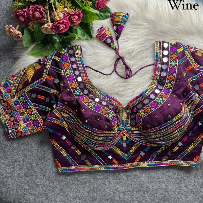 Wine Navratri Parrot Work Blouse with Heavy Beads, Thread Embroidery & Real Mirror Work