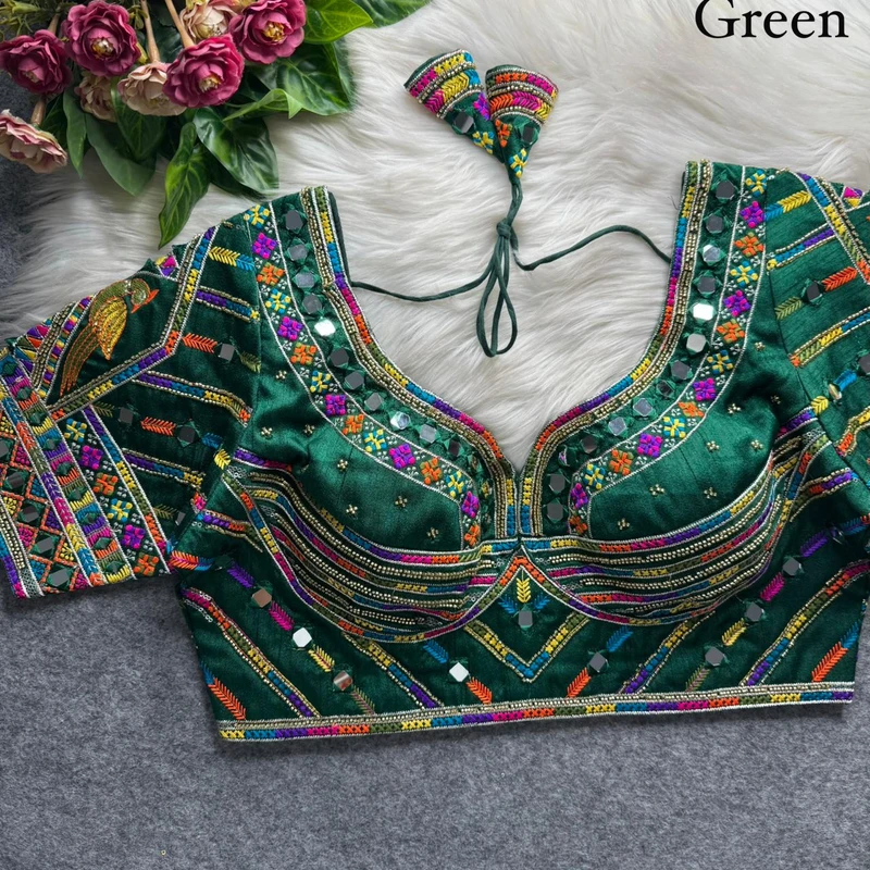 Bottle Green Navratri Parrot Work Blouse with Heavy Beads, Thread Embroidery & Real Mirror Work