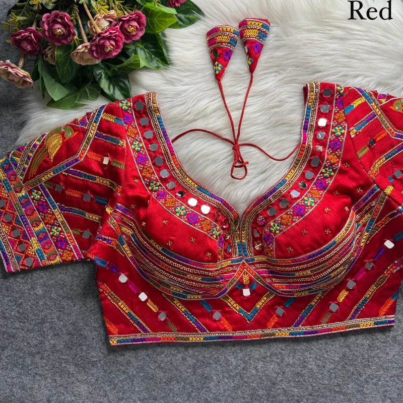 Red Navratri Parrot Work Blouse with Heavy Beads, Thread Embroidery & Real Mirror Work