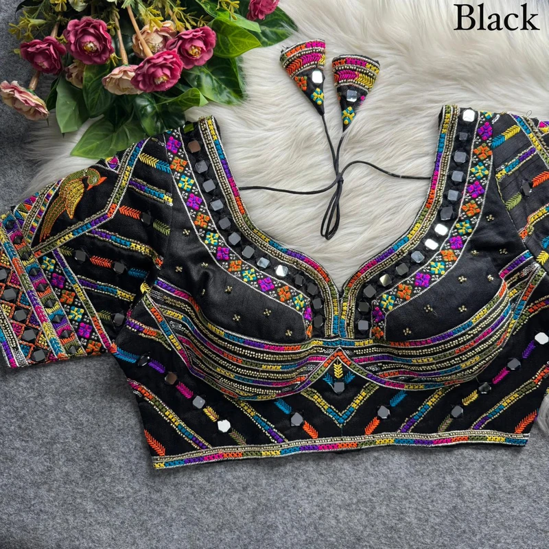 Black Navratri Parrot Work Blouse with Heavy Beads, Thread Embroidery & Real Mirror Work