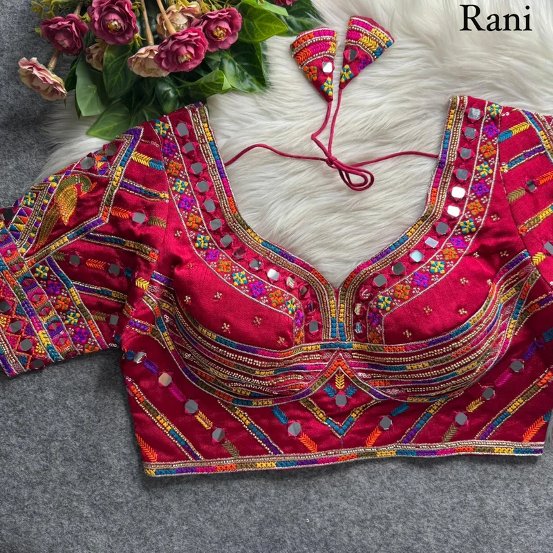 Rani Navratri Parrot Work Blouse with Heavy Beads, Thread Embroidery & Real Mirror Work