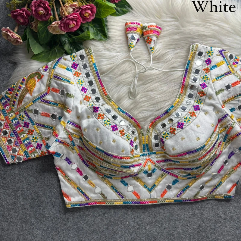 White Navratri Parrot Work Blouse with Heavy Beads, Thread Embroidery & Real Mirror Work