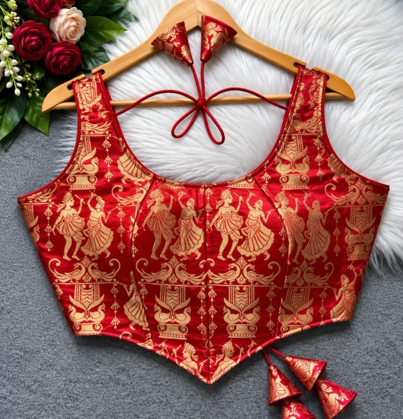 Red Raas Leela Theme Corset Style Heavy Jari Banarasi Designer Blouse