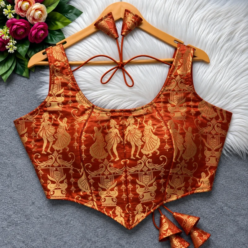 Rust Raas Leela Theme Corset Style Heavy Jari Banarasi Designer Blouse