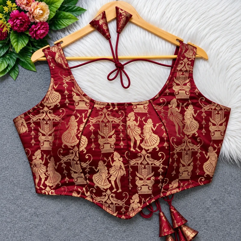 Maroon Raas Leela Theme Corset Style Heavy Jari Banarasi Designer Blouse