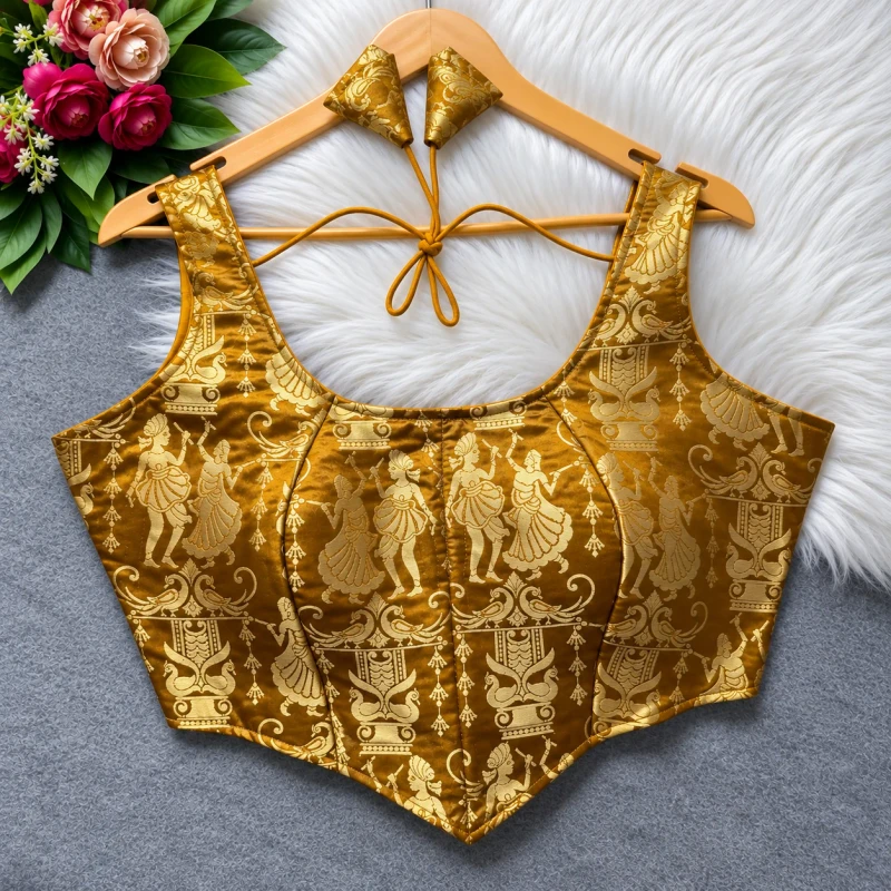 Mustard Raas Leela Theme Corset Style Heavy Jari Banarasi Designer Blouse