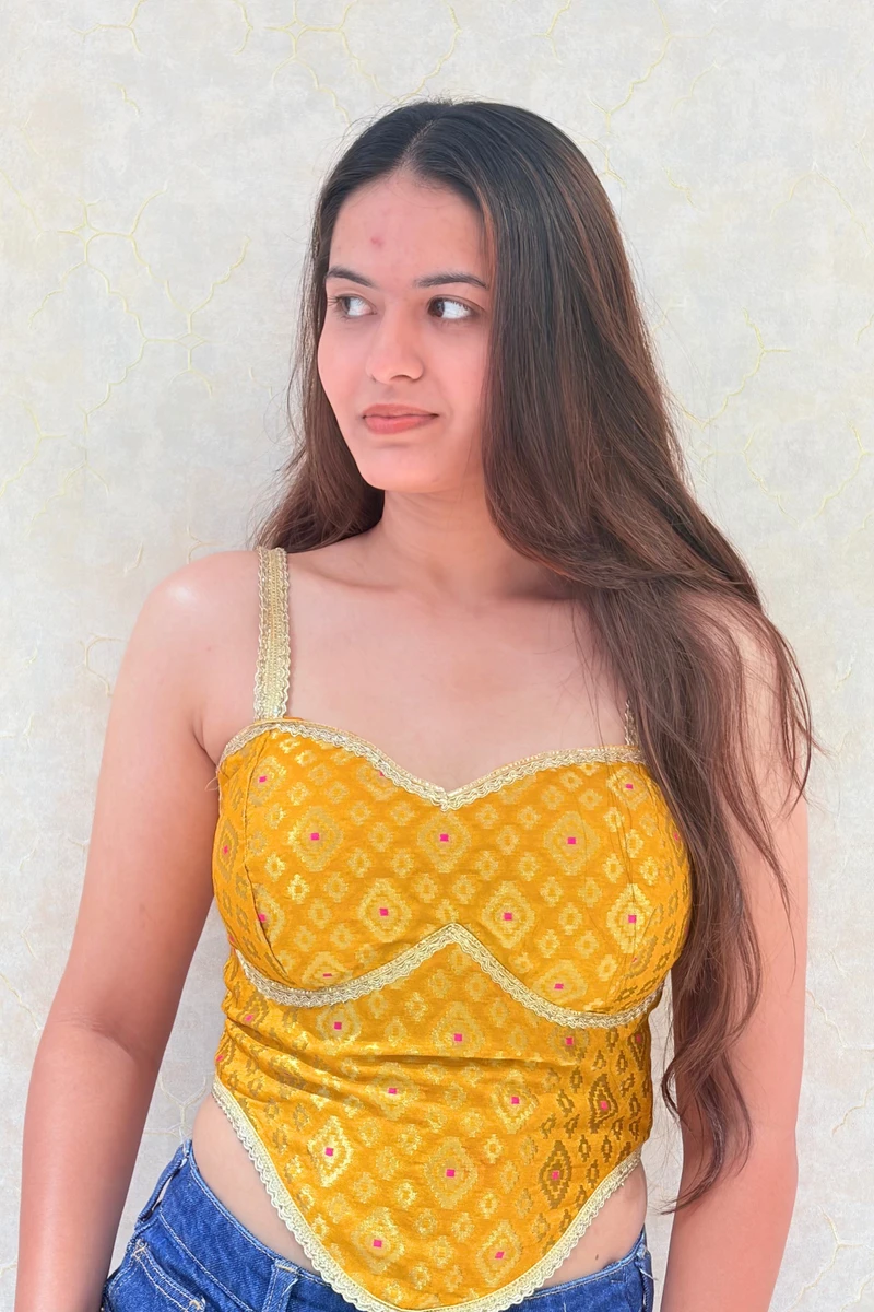 Yellow Color Banarasi Brocade Corset Designer Blouse