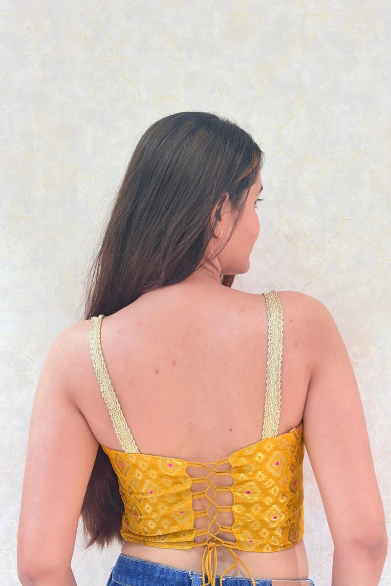 Yellow Color Banarasi Brocade Corset Designer Blouse — view 2