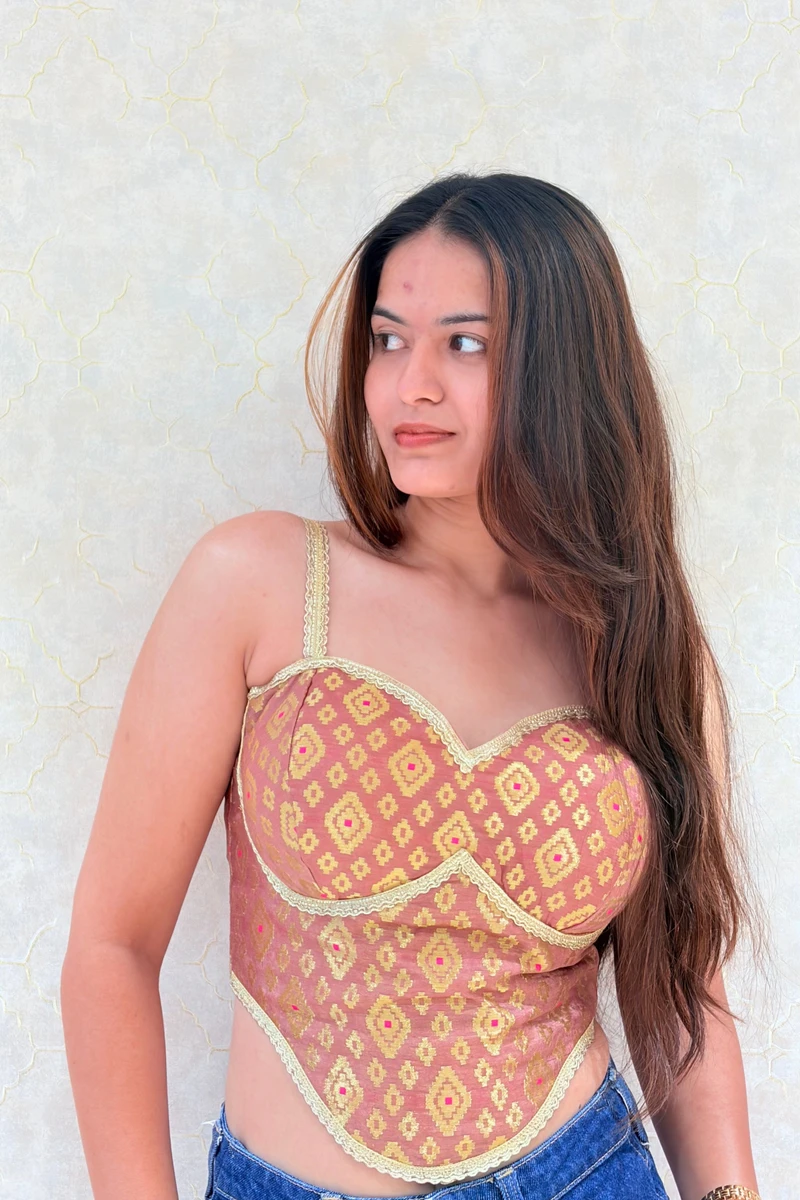 Onion Pink Color Banarasi Brocade Corset Designer Blouse