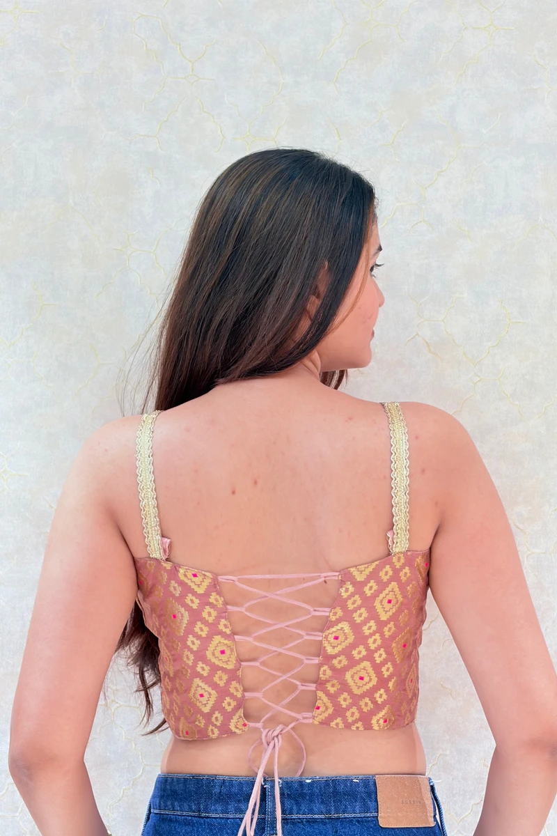 Onion Pink Color Banarasi Brocade Corset Designer Blouse — view 2