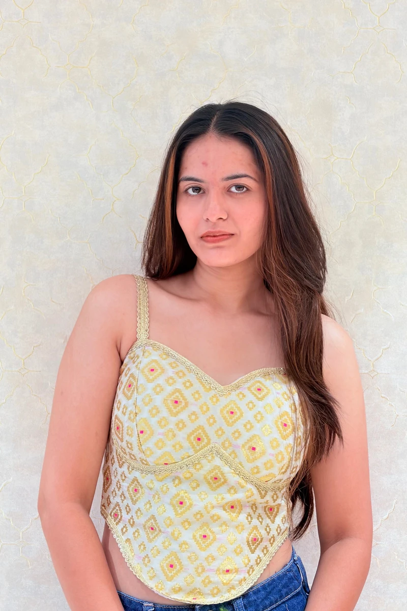 Off White Pink Color Banarasi Brocade Corset Designer Blouse
