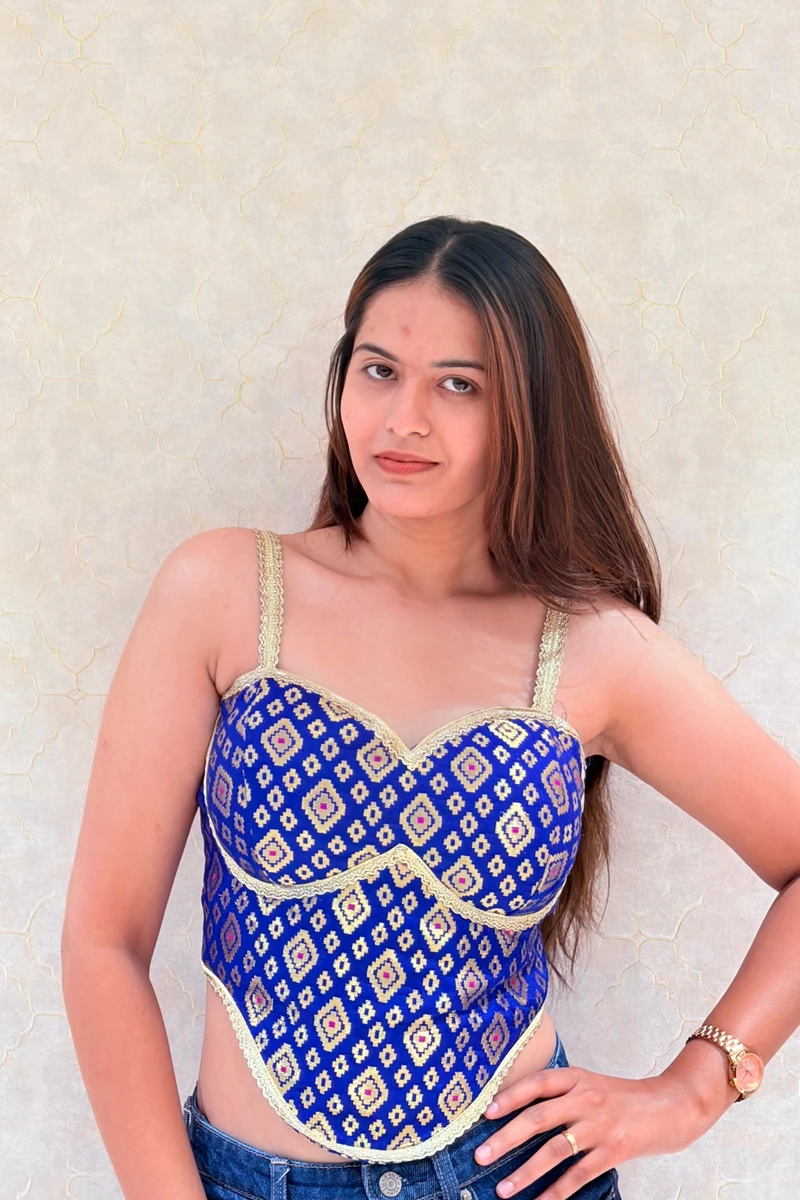 Royal Blue Color Banarasi Brocade Corset Designer Blouse