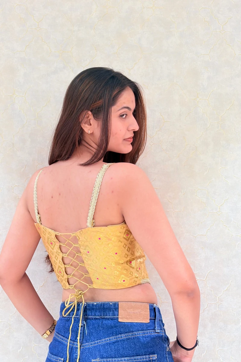 Gold Color Banarasi Brocade Corset Designer Blouse — view 2