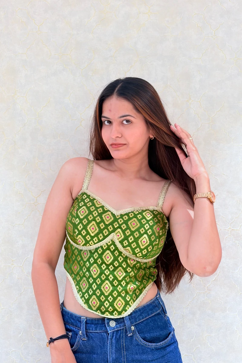 Mehndi Green Color Banarasi Brocade Corset Designer Blouse