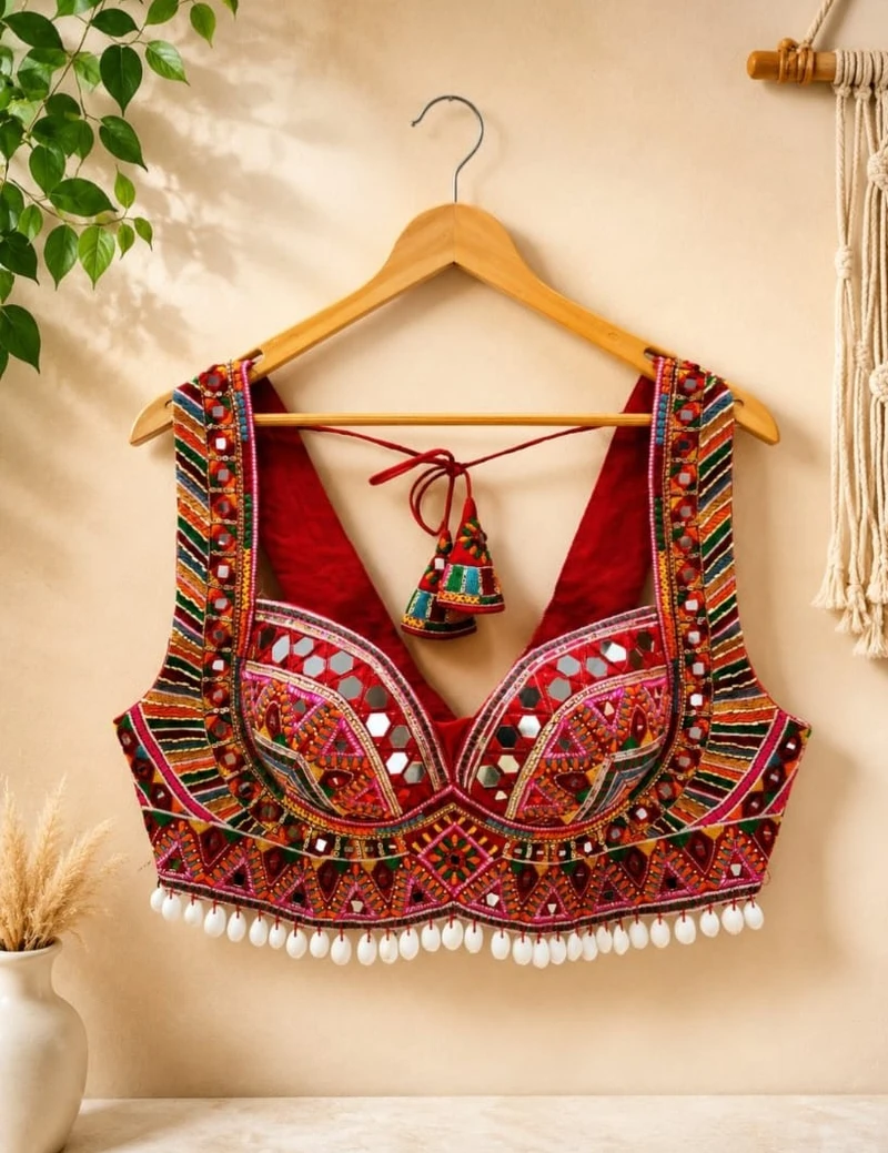 Red Multicolor Thread Embroidered Navratri Blouse with Kodi & Real Mirror Work