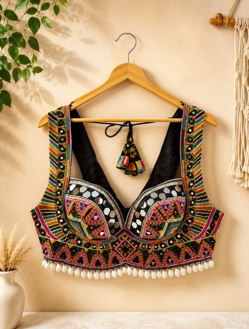 Black Multicolor Thread Embroidered Navratri Blouse with Kodi & Real Mirror Work