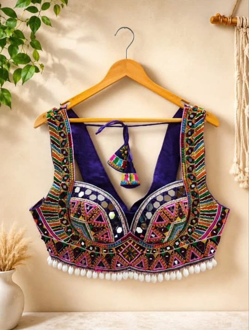 Purple Multicolor Thread Embroidered Navratri Blouse with Kodi & Real Mirror Work
