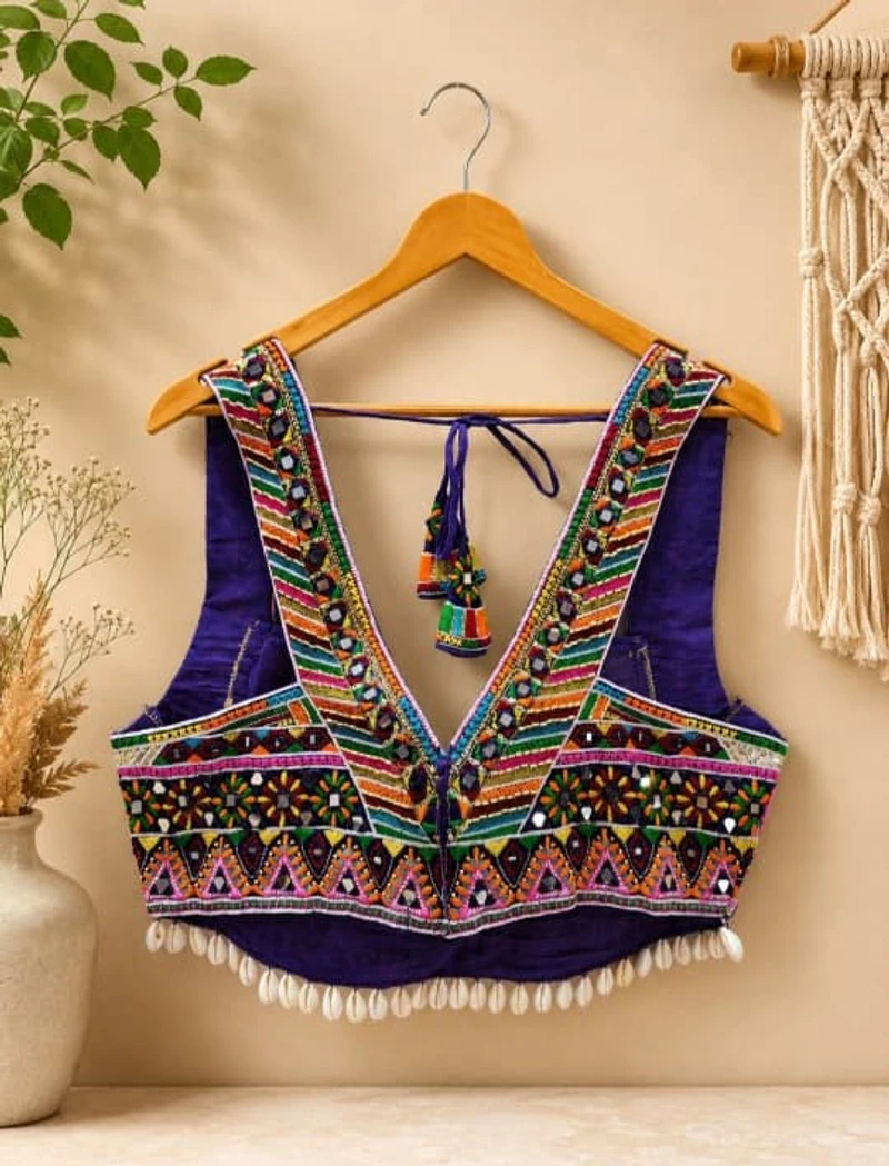Purple Multicolor Thread Embroidered Navratri Blouse with Kodi & Real Mirror Work — view 2