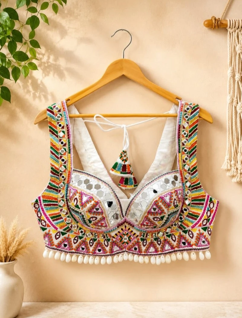 White Multicolor Thread Embroidered Navratri Blouse with Kodi & Real Mirror Work