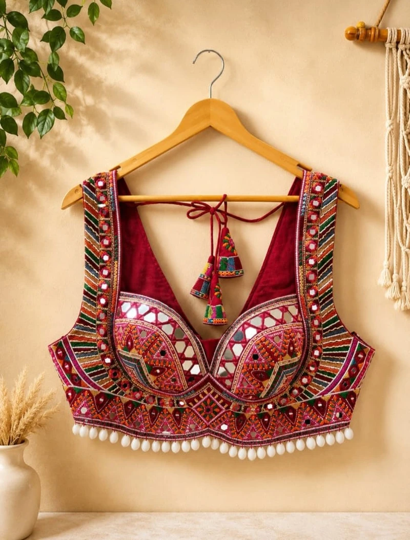 Rani Multicolor Thread Embroidered Navratri Blouse with Kodi & Real Mirror Work