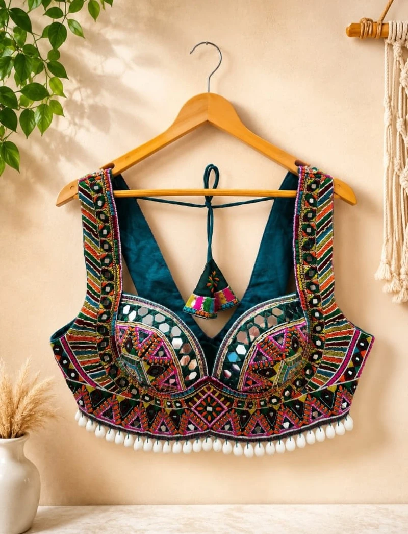 Green Multicolor Thread Embroidered Navratri Blouse with Kodi & Real Mirror Work