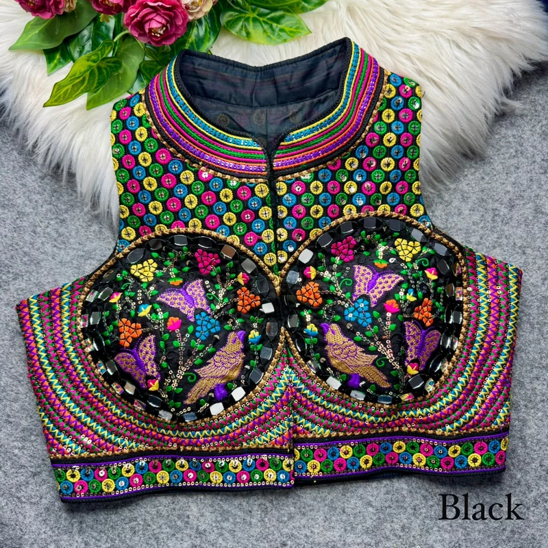 Black Halter Neck Mirror Work Navratri Blouse
