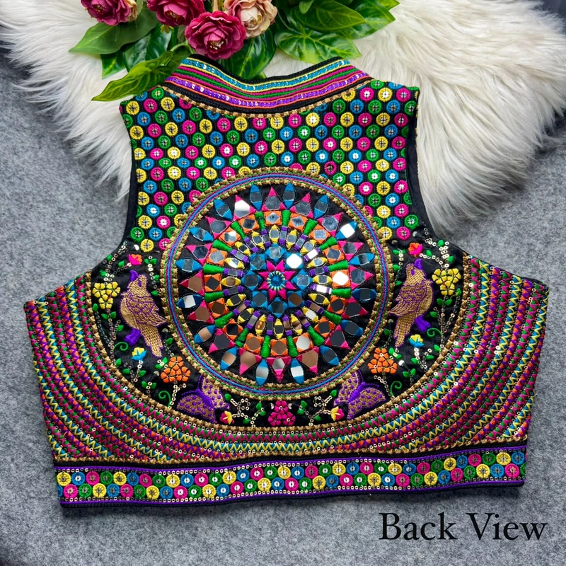 Black Halter Neck Mirror Work Navratri Blouse — view 2