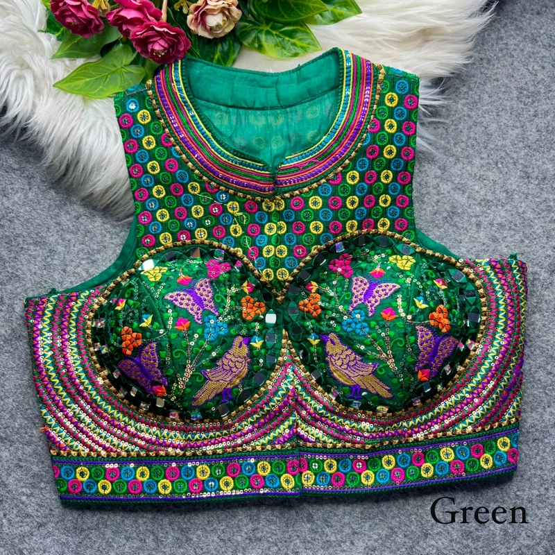 Green Halter Neck Mirror Work Navratri Blouse