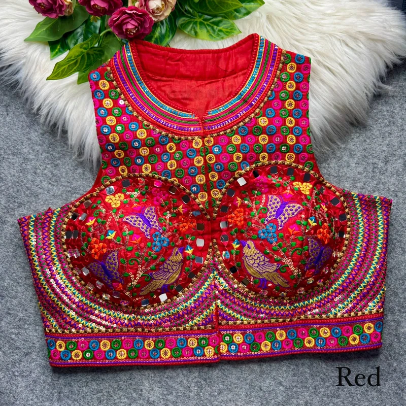 Red Halter Neck Mirror Work Navratri Blouse