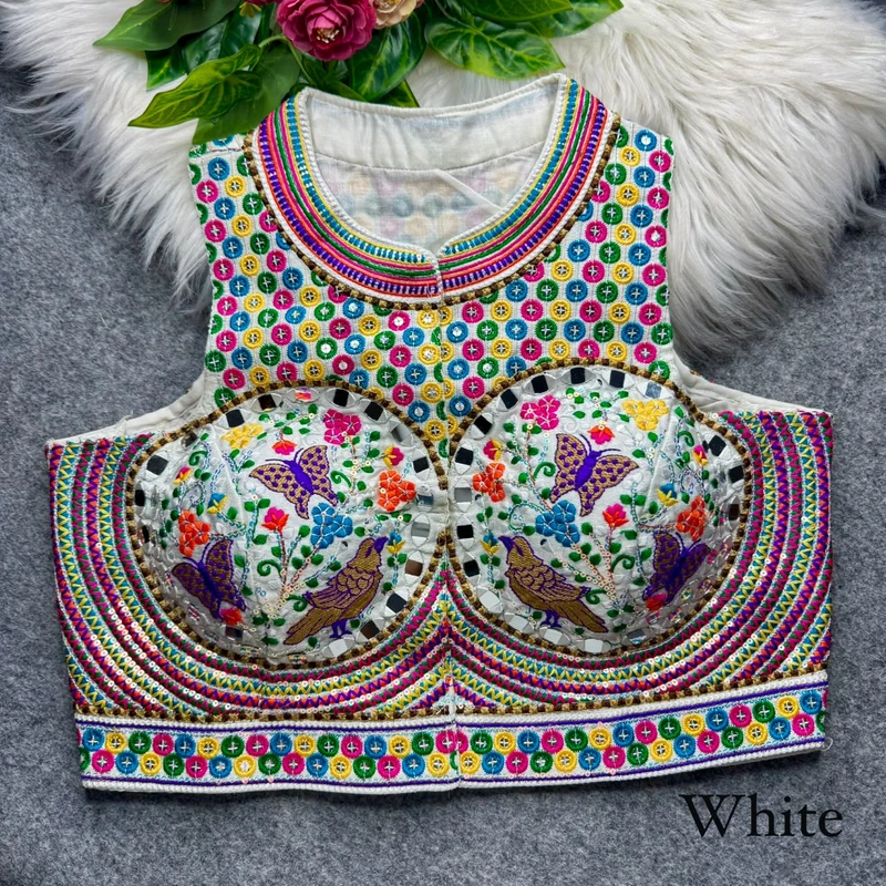 White Halter Neck Mirror Work Navratri Blouse