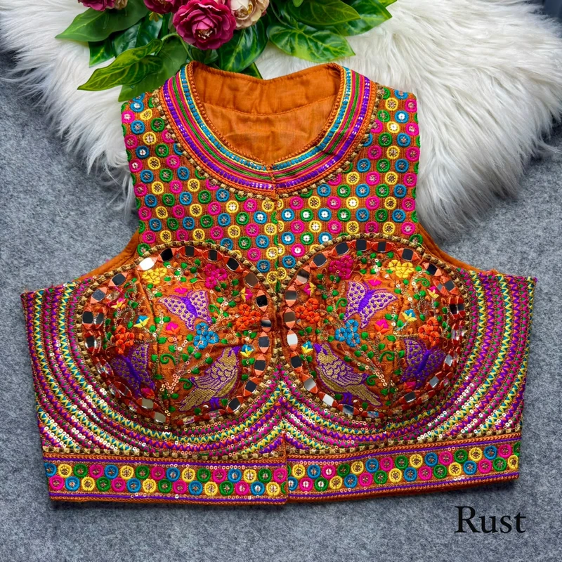 Rust Halter Neck Mirror Work Navratri Blouse