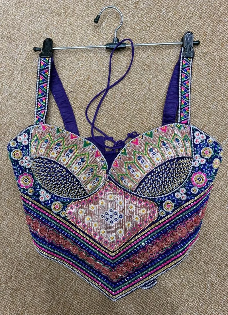Purple Multicolor Embroidered Corset Navratri Blouse with Beads & Sweetheart Neck